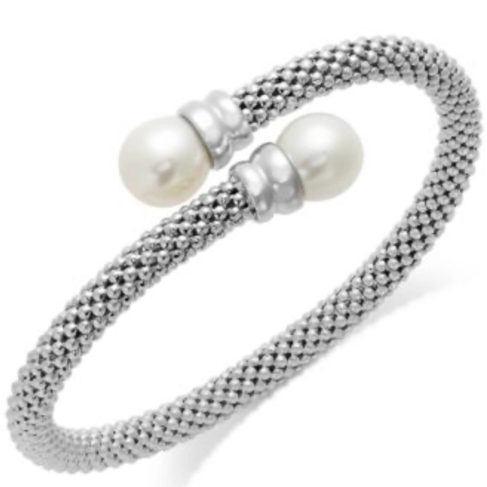 Cultured Freswater Pearl Bypass Bangle Bracelet In Sterling Silver 10 MM